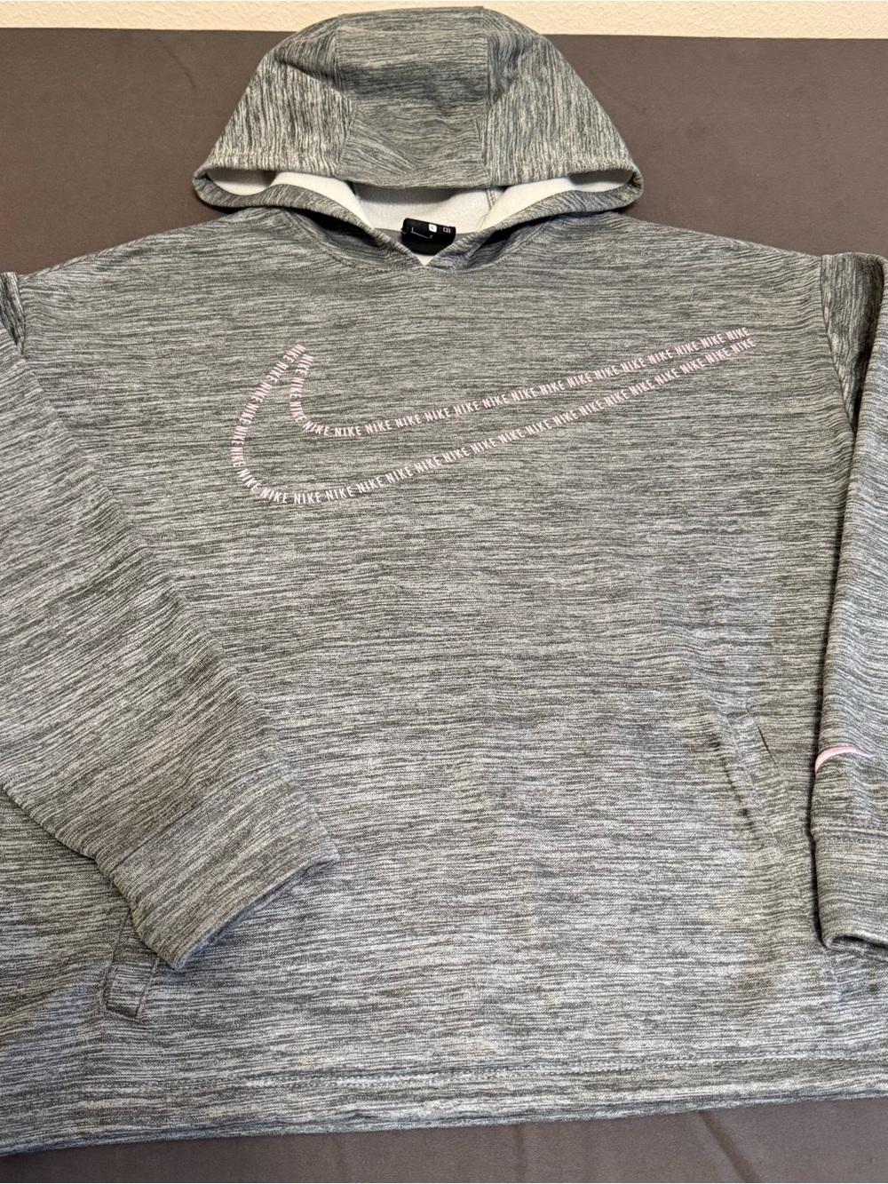 Nike Men's Heather Gray Crewneck Hoodie with Subtle Pink Swoosh